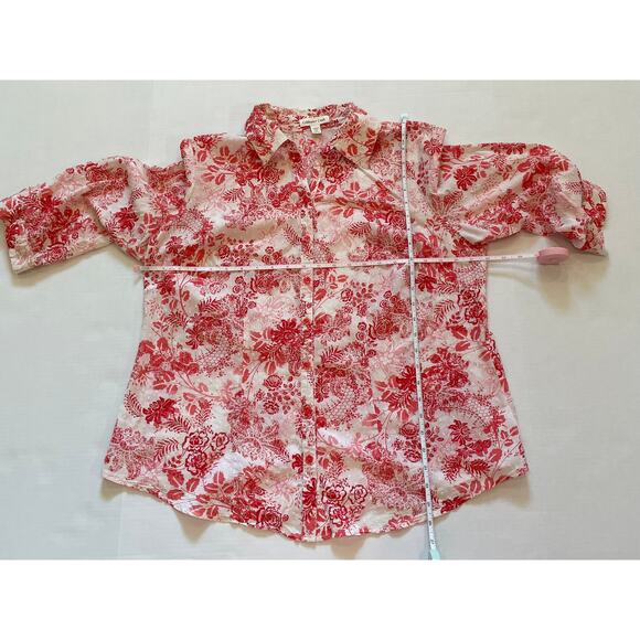 Coldwater Creek Cotton 3/4 Sleeve Button Down Shirt Red Floral, Swiss Dots, 1X - Picture 9 of 11